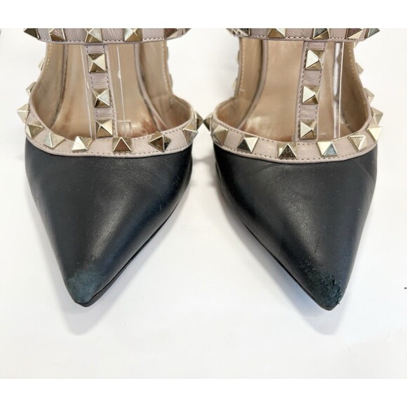 Valentino Garavani Rockstud Ankle Strap Pump Black w/ Gold Studs Sz EU 37.5 - Picture 6 of 16